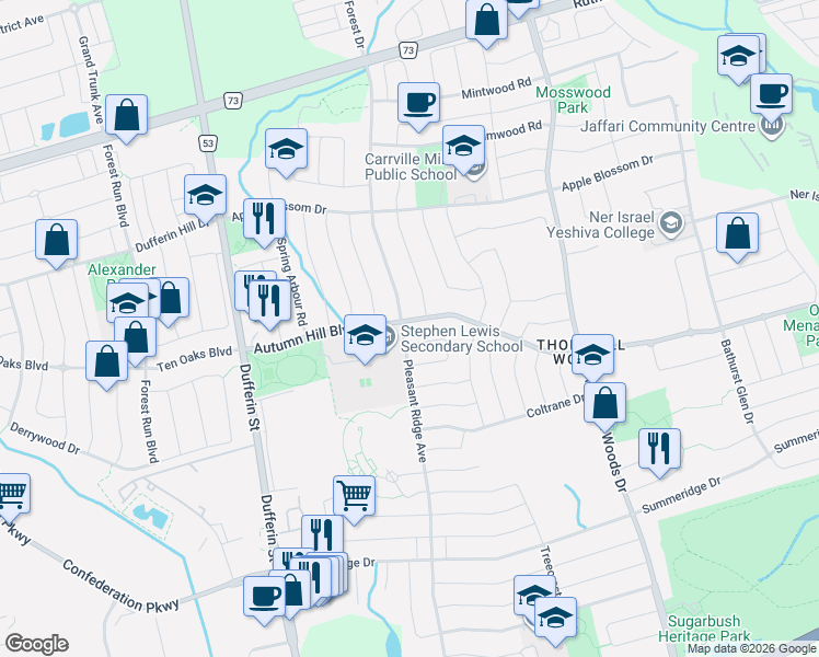 map of restaurants, bars, coffee shops, grocery stores, and more near 86 Mendel Crescent in Vaughan