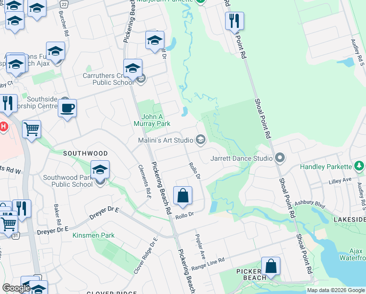 map of restaurants, bars, coffee shops, grocery stores, and more near 35 Gates Crescent in Ajax