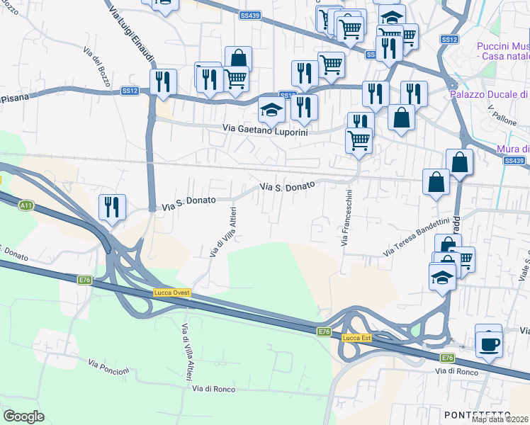 map of restaurants, bars, coffee shops, grocery stores, and more near 847 Via San Donato in Lucca