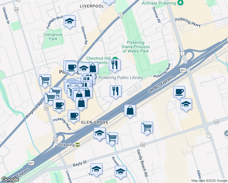 map of restaurants, bars, coffee shops, grocery stores, and more near 1800 Valley Farm Road in Pickering