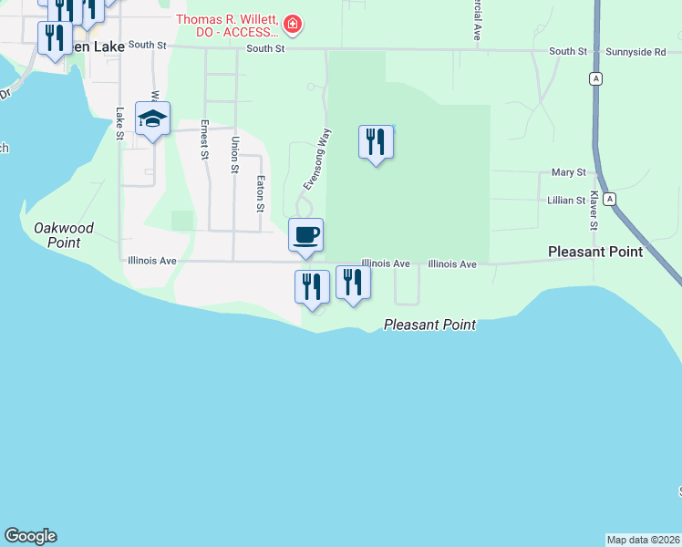 map of restaurants, bars, coffee shops, grocery stores, and more near 643 Illinois Avenue in Green Lake