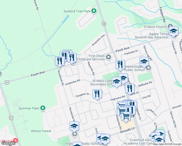 map of restaurants, bars, coffee shops, grocery stores, and more near 696 Lamour Road in Pickering