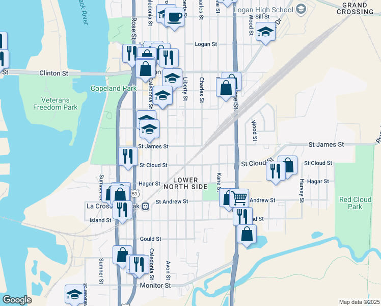 map of restaurants, bars, coffee shops, grocery stores, and more near 913 Saint Cloud Street in La Crosse