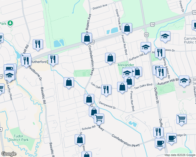 map of restaurants, bars, coffee shops, grocery stores, and more near 11 Honeyview Street in Vaughan