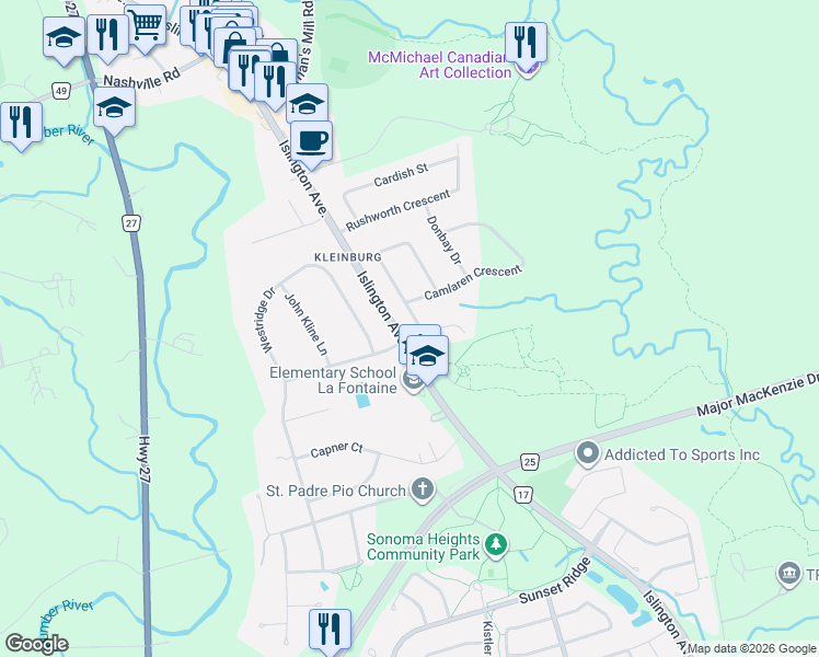 map of restaurants, bars, coffee shops, grocery stores, and more near 10 Sevilla Boulevard in Vaughan