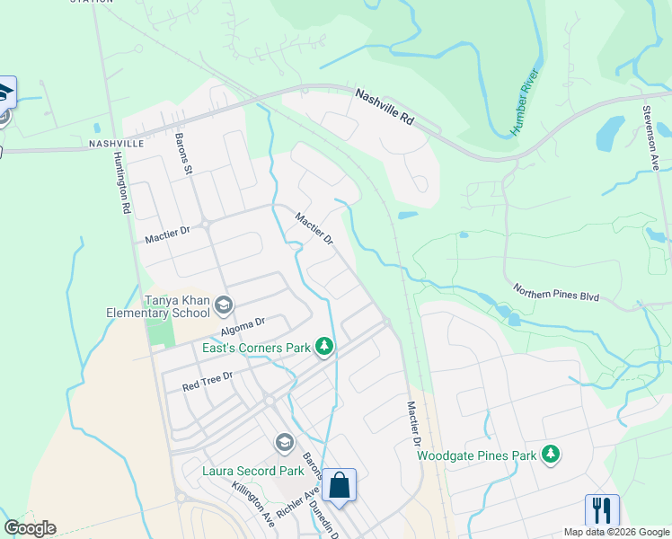 map of restaurants, bars, coffee shops, grocery stores, and more near 8 Gold Creek Street in Vaughan