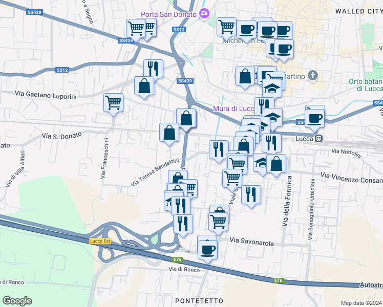 map of restaurants, bars, coffee shops, grocery stores, and more near 329 Via Teresa Bandettini in Lucca