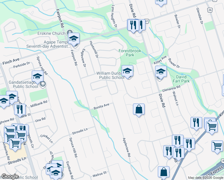 map of restaurants, bars, coffee shops, grocery stores, and more near in Pickering