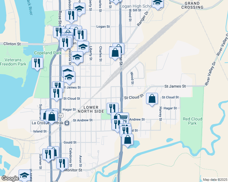 map of restaurants, bars, coffee shops, grocery stores, and more near 802 Kane Street in La Crosse