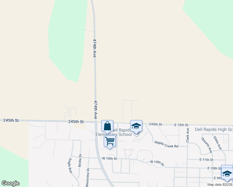 map of restaurants, bars, coffee shops, grocery stores, and more near 24450 474th Avenue in Dell Rapids