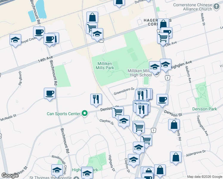 map of restaurants, bars, coffee shops, grocery stores, and more near 125 Greensboro Drive in Markham