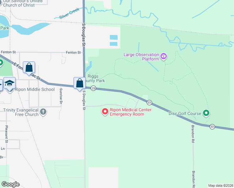 map of restaurants, bars, coffee shops, grocery stores, and more near W13106 Wisconsin 23 Trunk in Ripon