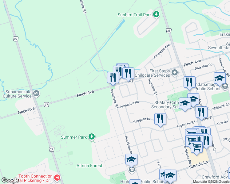 map of restaurants, bars, coffee shops, grocery stores, and more near 1987 Rosebank Road in Pickering