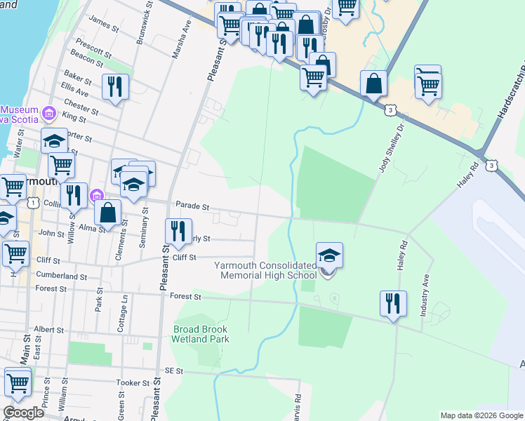 map of restaurants, bars, coffee shops, grocery stores, and more near 59 Clements Avenue in Yarmouth