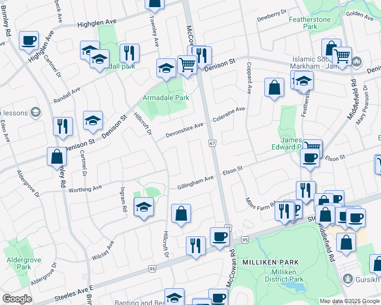 map of restaurants, bars, coffee shops, grocery stores, and more near 104 Hertford Crescent in Markham