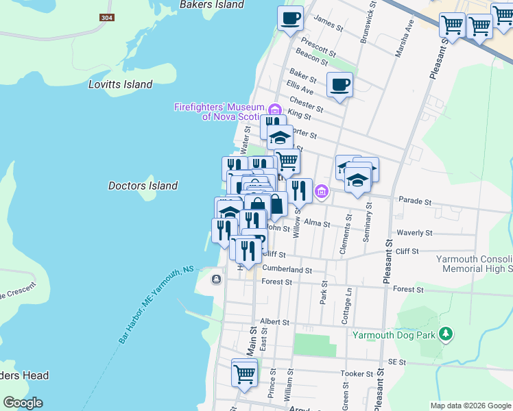 map of restaurants, bars, coffee shops, grocery stores, and more near 352 Main Street in Yarmouth