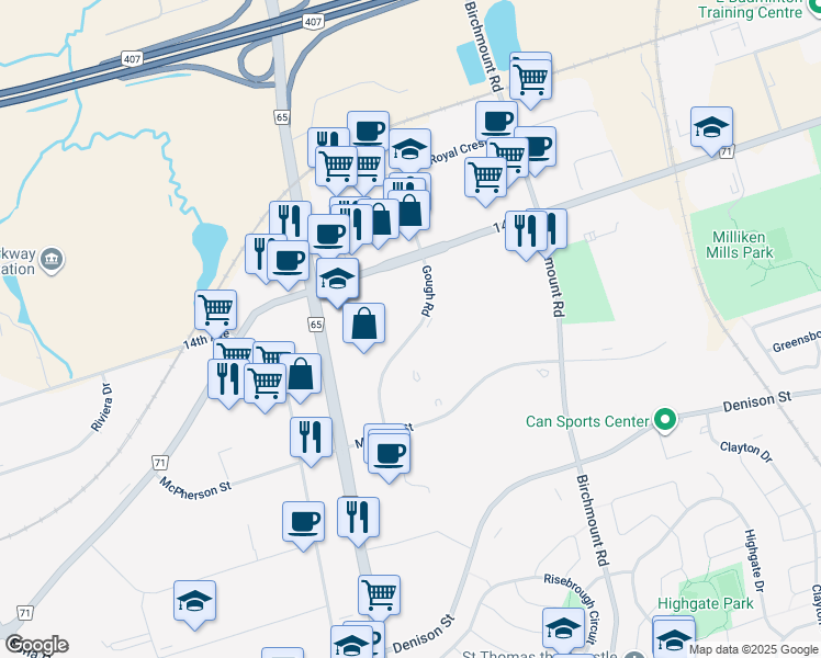 map of restaurants, bars, coffee shops, grocery stores, and more near 100 Gough Road in Markham