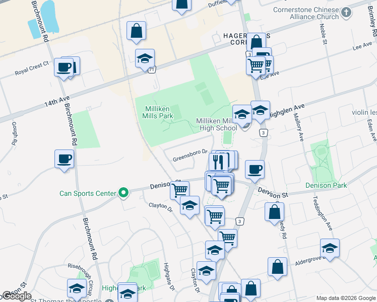 map of restaurants, bars, coffee shops, grocery stores, and more near 102 Greensboro Drive in Markham