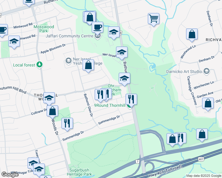 map of restaurants, bars, coffee shops, grocery stores, and more near 55 Autumn Hill Boulevard in Vaughan