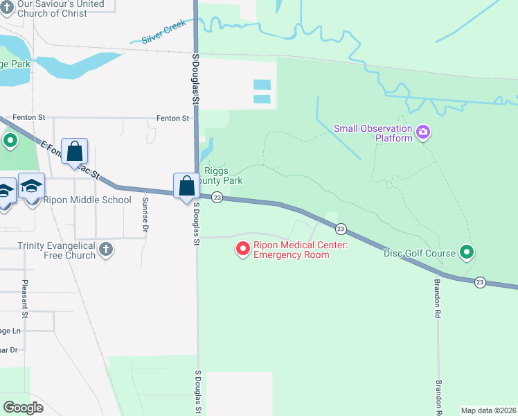 map of restaurants, bars, coffee shops, grocery stores, and more near W13106 Wisconsin 23 Trunk in Ripon