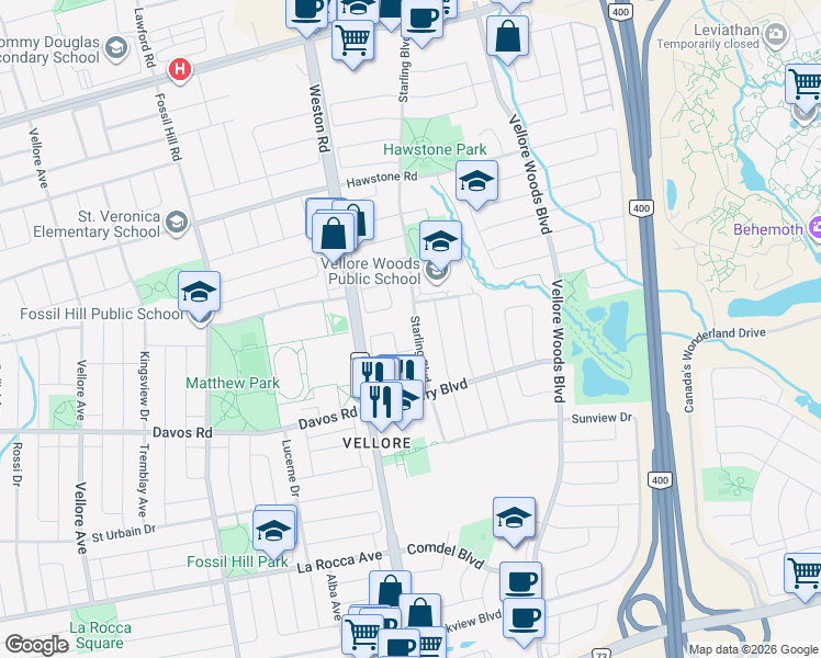 map of restaurants, bars, coffee shops, grocery stores, and more near 66 Starling Boulevard in Vaughan