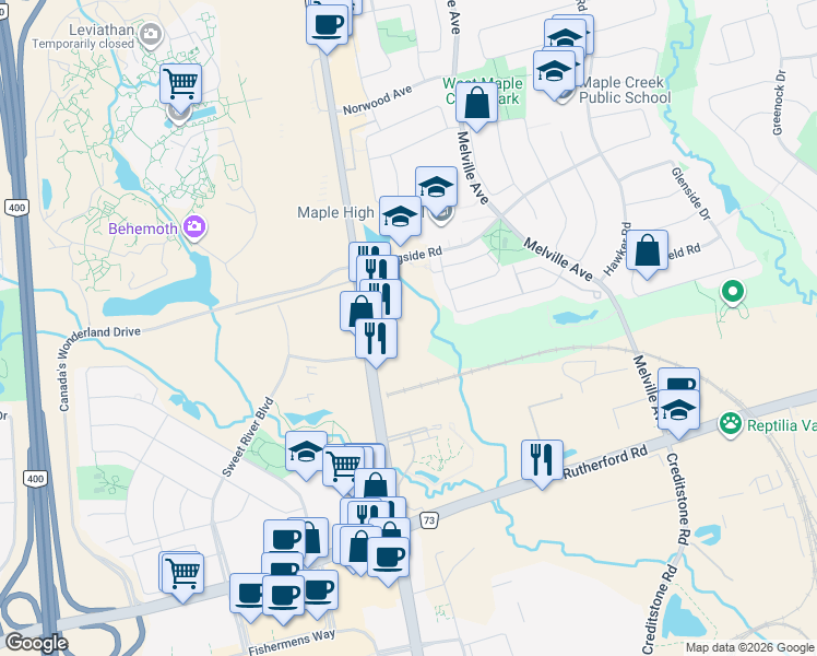 map of restaurants, bars, coffee shops, grocery stores, and more near 9431 Jane Street in Vaughan