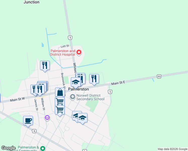 map of restaurants, bars, coffee shops, grocery stores, and more near 439 Main Street East in Palmerston