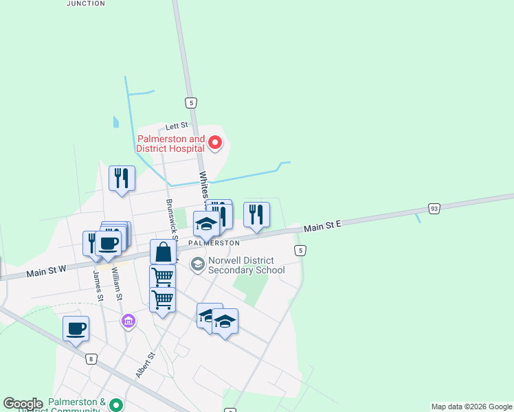 map of restaurants, bars, coffee shops, grocery stores, and more near 135 Stephenson Way in Wellington County