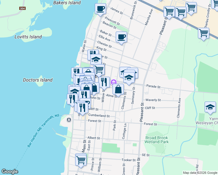 map of restaurants, bars, coffee shops, grocery stores, and more near Collins Street in Yarmouth