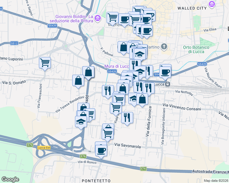 map of restaurants, bars, coffee shops, grocery stores, and more near 50 Via Teresa Bandettini in Lucca