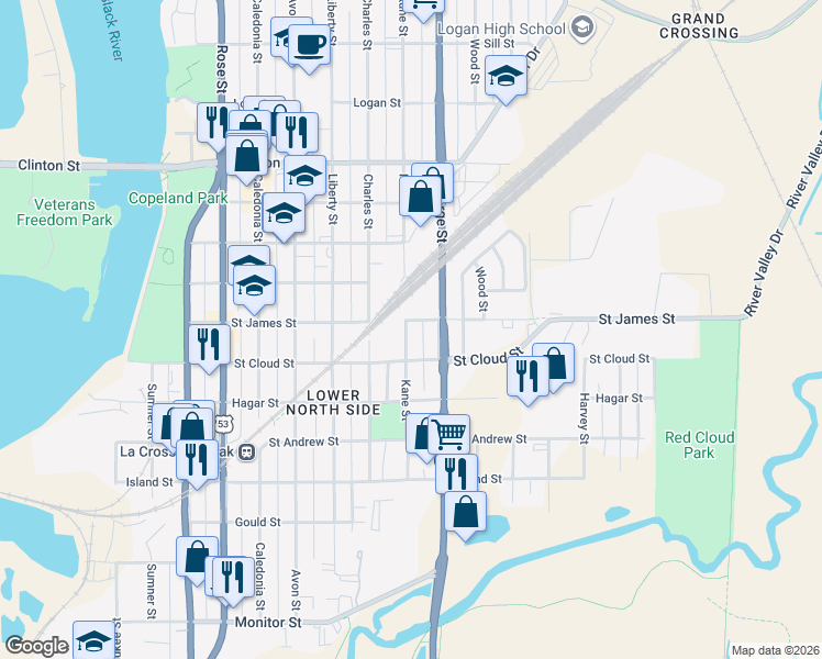 map of restaurants, bars, coffee shops, grocery stores, and more near 828 Kane Street in La Crosse