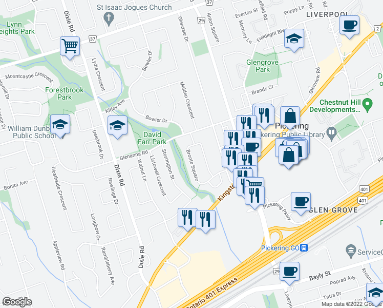map of restaurants, bars, coffee shops, grocery stores, and more near 1825 Bronte Square in Pickering