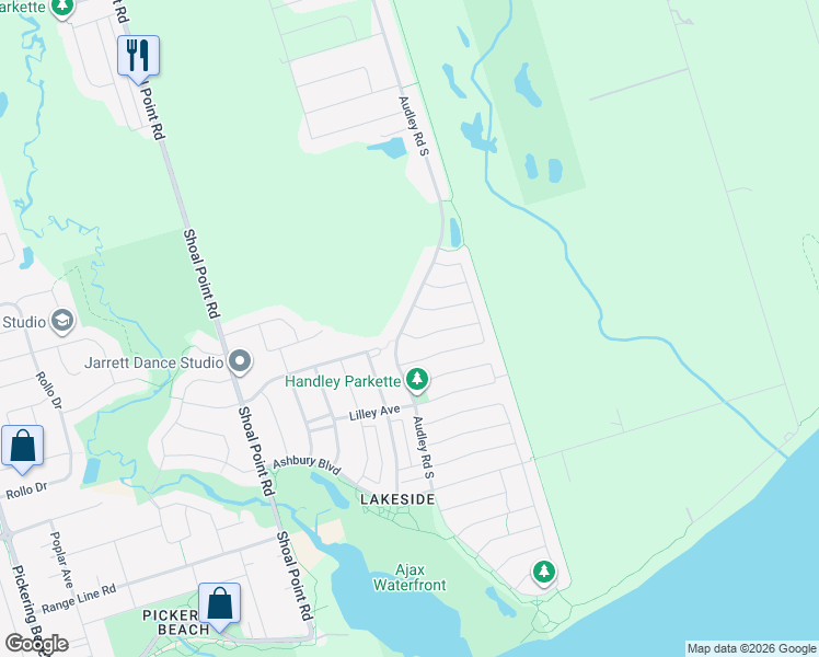 map of restaurants, bars, coffee shops, grocery stores, and more near 81 Moynahan Crescent in Ajax