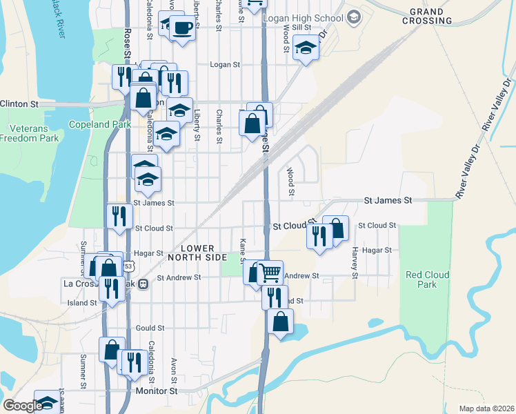 map of restaurants, bars, coffee shops, grocery stores, and more near 802 Kane Street in La Crosse