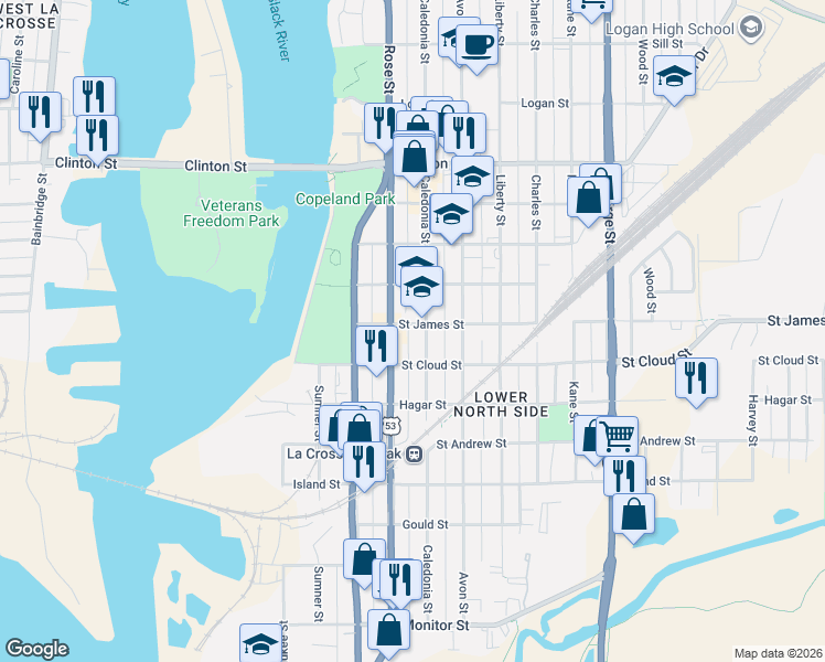 map of restaurants, bars, coffee shops, grocery stores, and more near 802 Rose Street in La Crosse