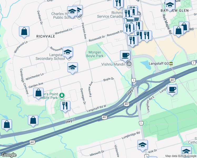 map of restaurants, bars, coffee shops, grocery stores, and more near 45 Boyle Drive in Richmond Hill