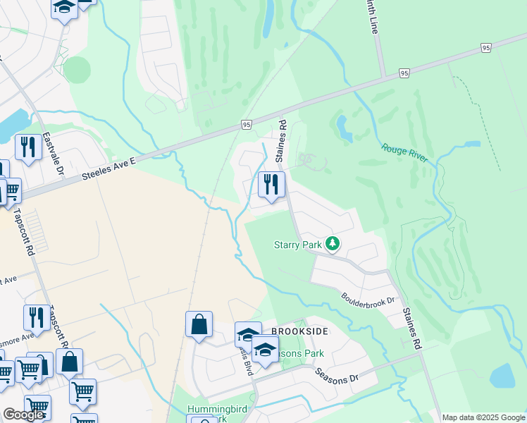 map of restaurants, bars, coffee shops, grocery stores, and more near 21 Quietbrook Crescent in Toronto
