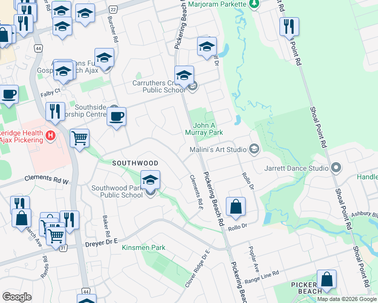 map of restaurants, bars, coffee shops, grocery stores, and more near 8 Foord Road in Ajax