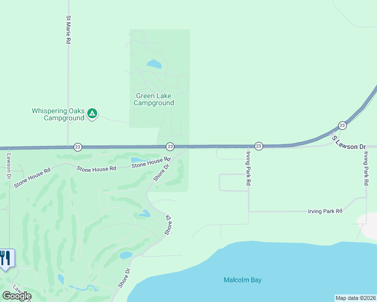 map of restaurants, bars, coffee shops, grocery stores, and more near N5686 Shore Drive in Green Lake