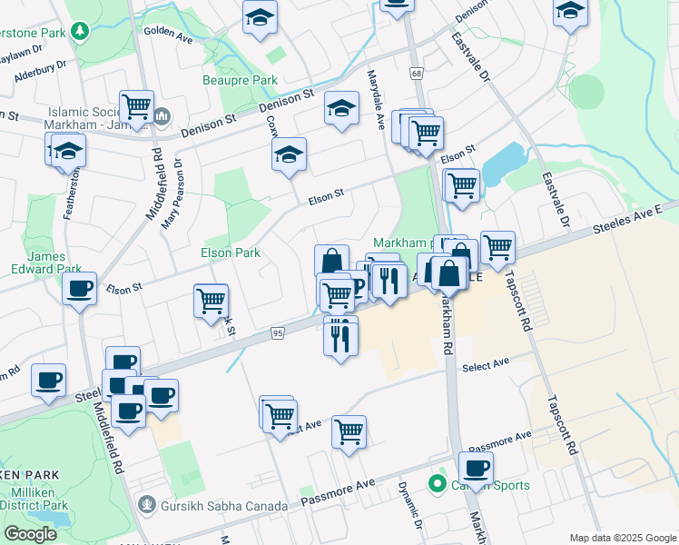 map of restaurants, bars, coffee shops, grocery stores, and more near 35 Laird Drive in Markham