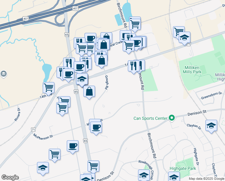 map of restaurants, bars, coffee shops, grocery stores, and more near 241 Gough Road in Markham