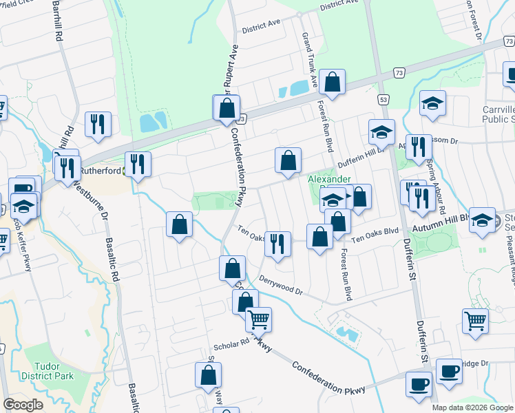 map of restaurants, bars, coffee shops, grocery stores, and more near 187 Derrywood Drive in Vaughan