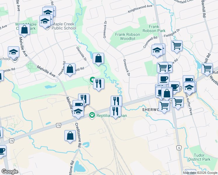 map of restaurants, bars, coffee shops, grocery stores, and more near 2506 Rutherford Road in Vaughan