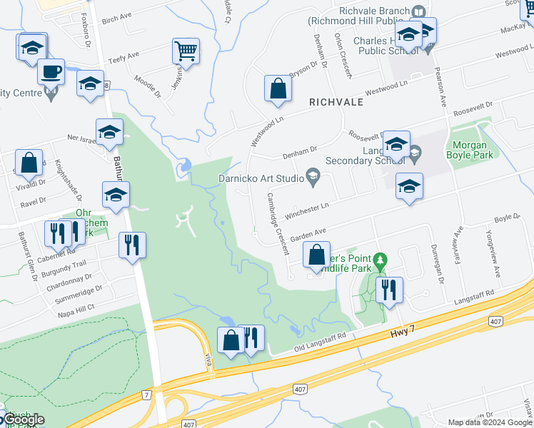 map of restaurants, bars, coffee shops, grocery stores, and more near 126 Cambridge Crescent in Richmond Hill