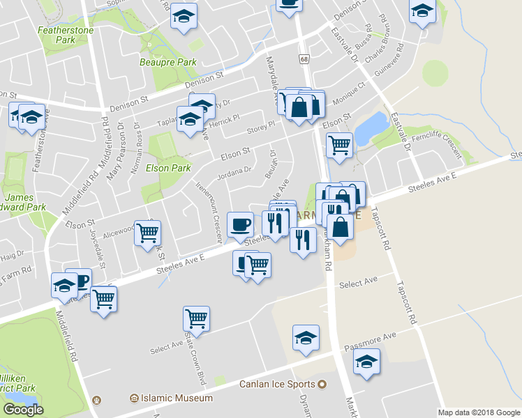 map of restaurants, bars, coffee shops, grocery stores, and more near 0 Laird Drive in Markham