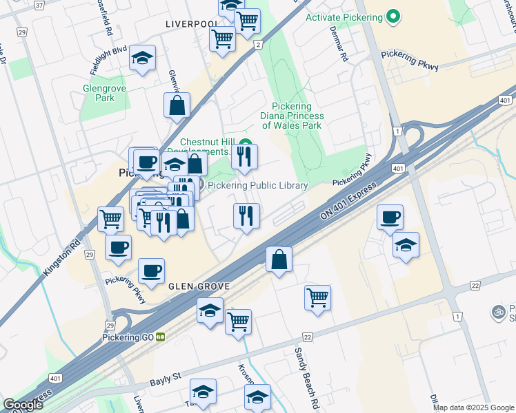 map of restaurants, bars, coffee shops, grocery stores, and more near 1775 Valley Farm Road in Pickering