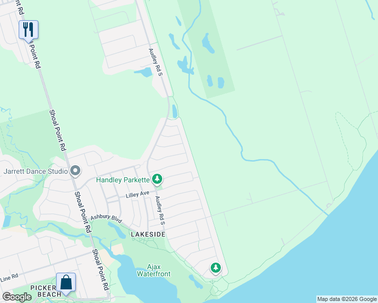 map of restaurants, bars, coffee shops, grocery stores, and more near 42 Moynahan Crescent in Ajax