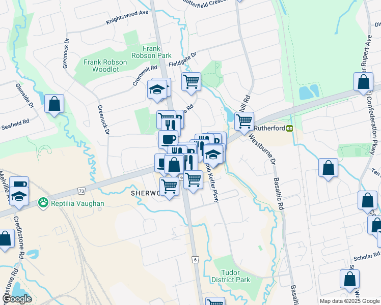 map of restaurants, bars, coffee shops, grocery stores, and more near 2231 Old Rutherford Road in Vaughan