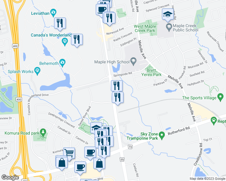 map of restaurants, bars, coffee shops, grocery stores, and more near 100 Auto Vaughan Drive in Vaughan