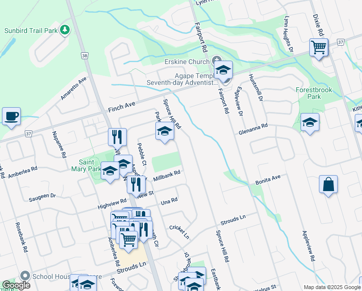 map of restaurants, bars, coffee shops, grocery stores, and more near 1952 Spruce Hill Road in Pickering